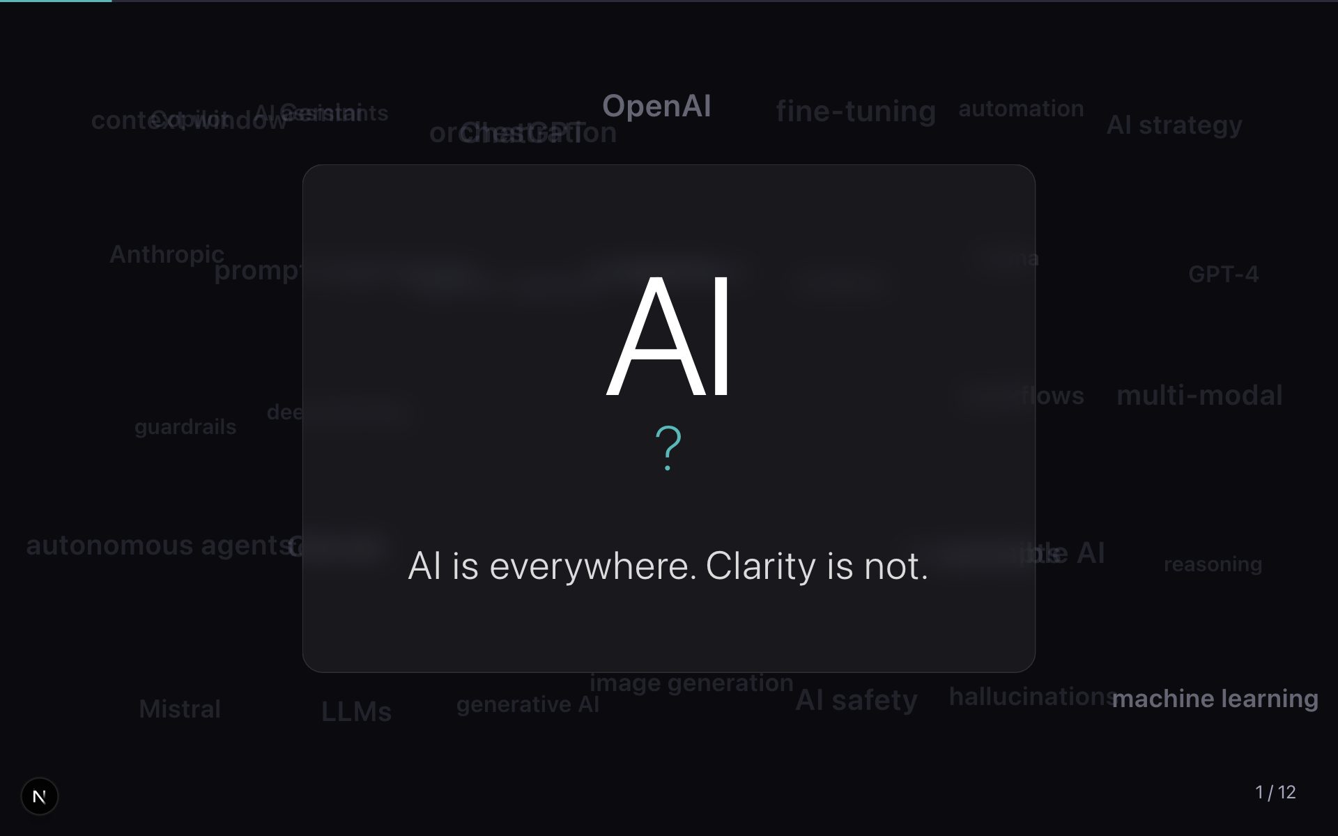 The opening slide of the AI presentation — a large "AI?" with the line "AI is everywhere. Clarity is not." over a field of faint AI-related terms.