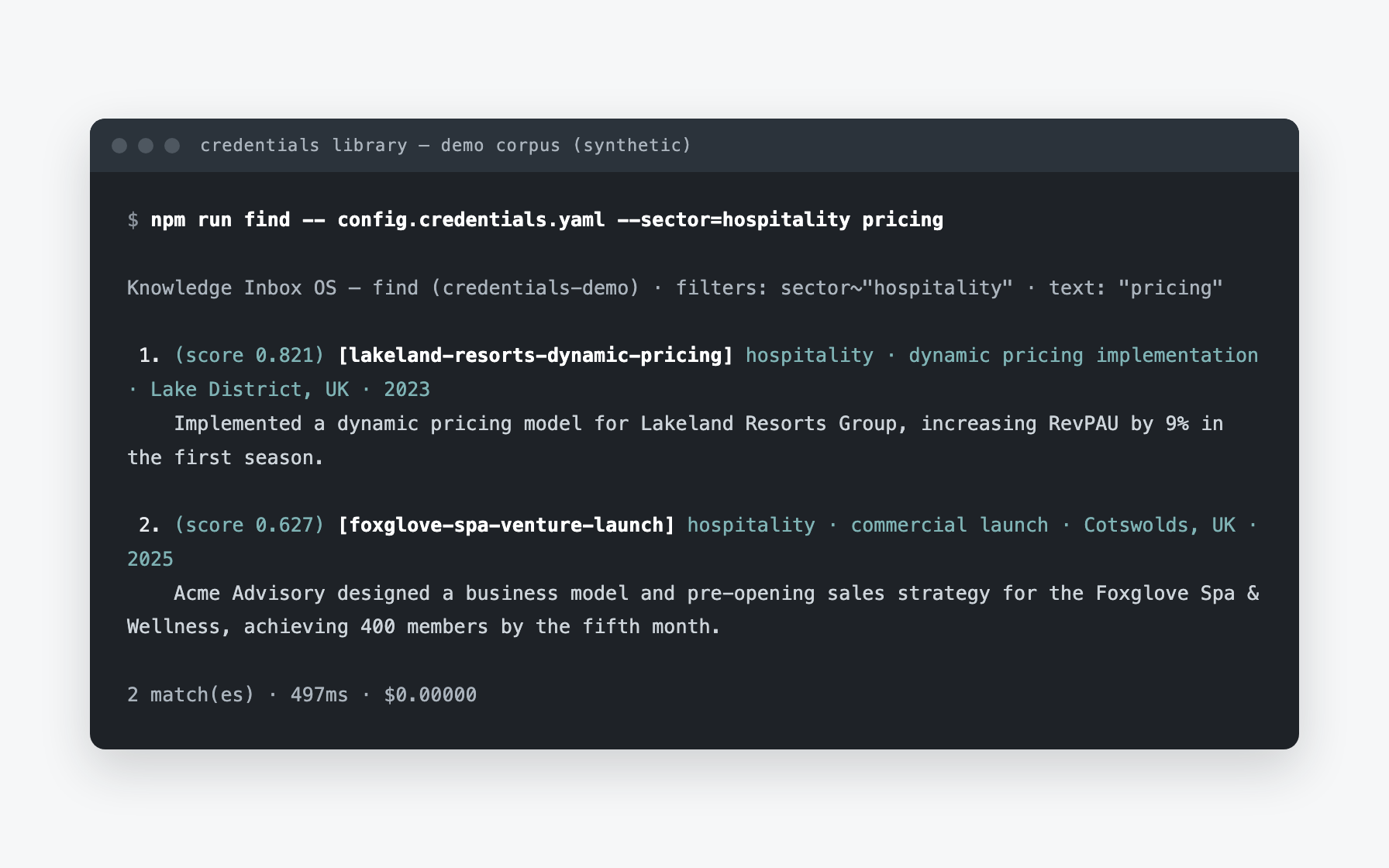 Terminal output of the credentials library: a sector-filtered free-text search over the synthetic demo corpus returning two scored, taxonomy-labelled credentials
