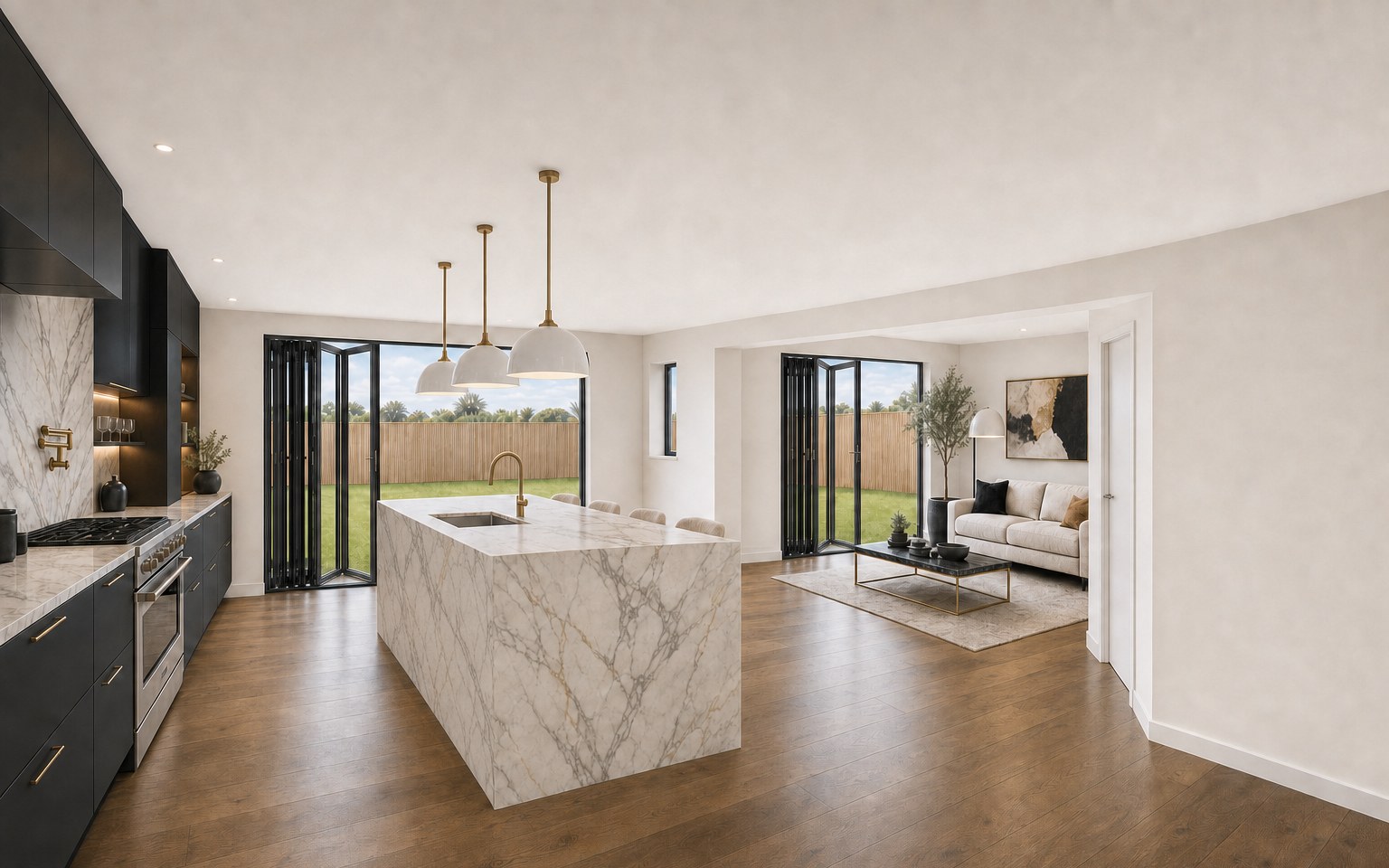The finished kitchen across to the sitting area: matt black units, a marble-clad island with stools beyond, oak floor, bifold doors open to the garden, the sitting area through a wide opening.