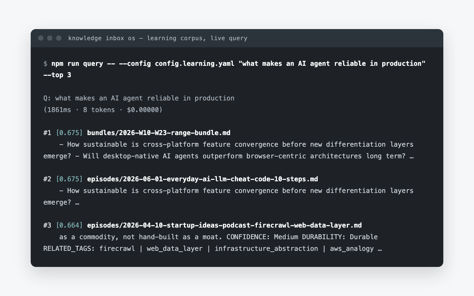 Terminal output of a live query against the non-sensitive learning corpus: three scored hits with source file paths and truncated snippet previews
