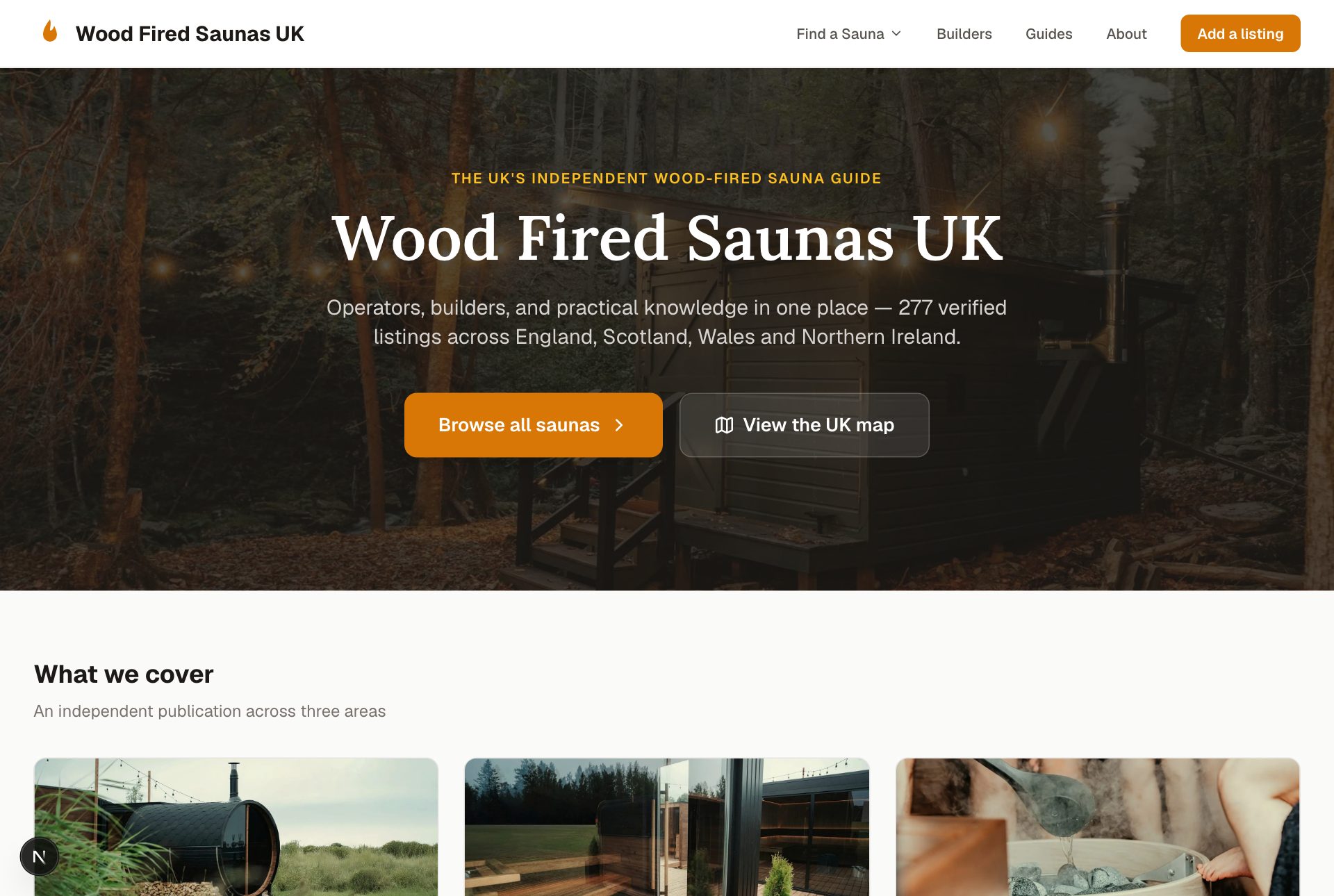 The Wood Fired Saunas UK homepage — a hero reading "Wood Fired Saunas UK, the UK's independent wood-fired sauna guide" over a forest sauna photo, with browse and map calls to action.